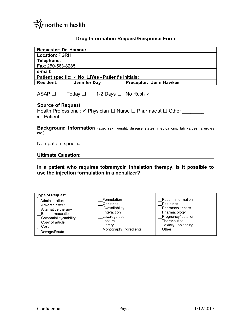 PEP 2007 Drug Information Request/Response Form