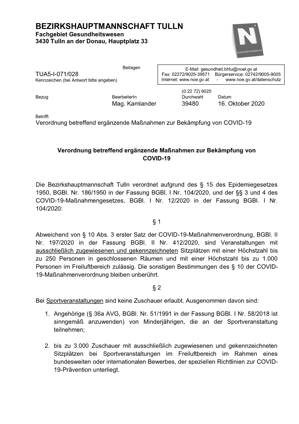 BEZIRKSHAUPTMANNSCHAFT TULLN Fachgebiet Gesundheitswesen 3430 Tulln an Der Donau, Hauptplatz 33