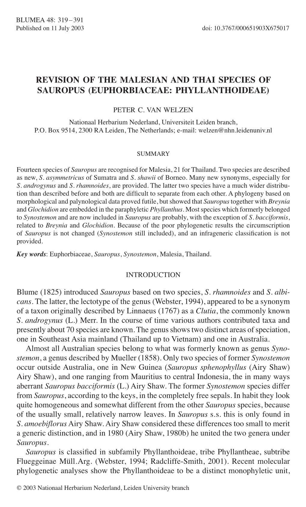 Revision of the Malesian and Thai Species of Sauropus (Euphorbiaceae: Phyllanthoideae)