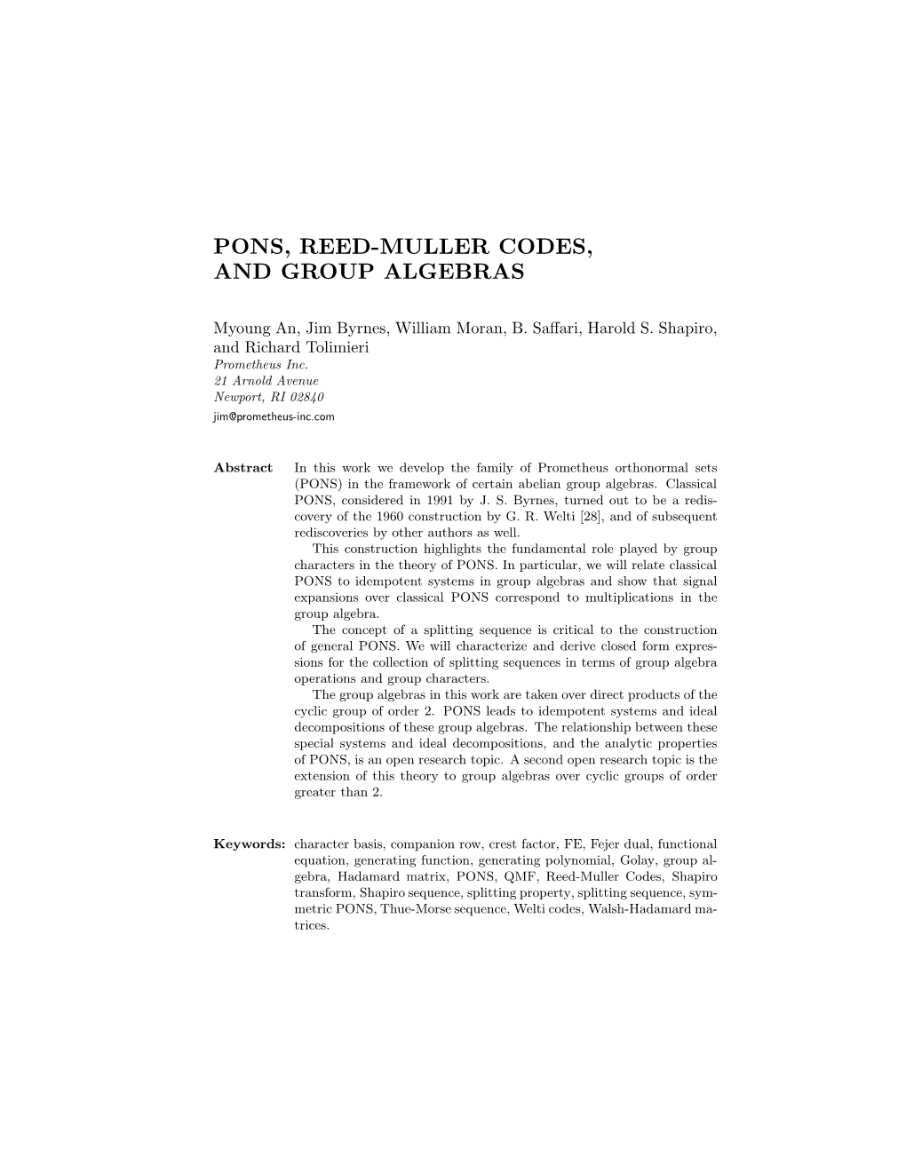 Pons, Reed-Muller Codes, and Group Algebras
