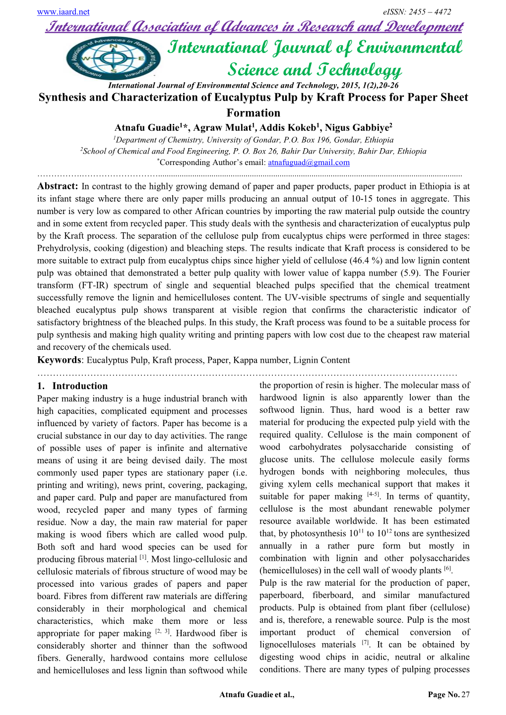 Synthesis and Characterization of Eucalyptus Pulp by Kraft Process