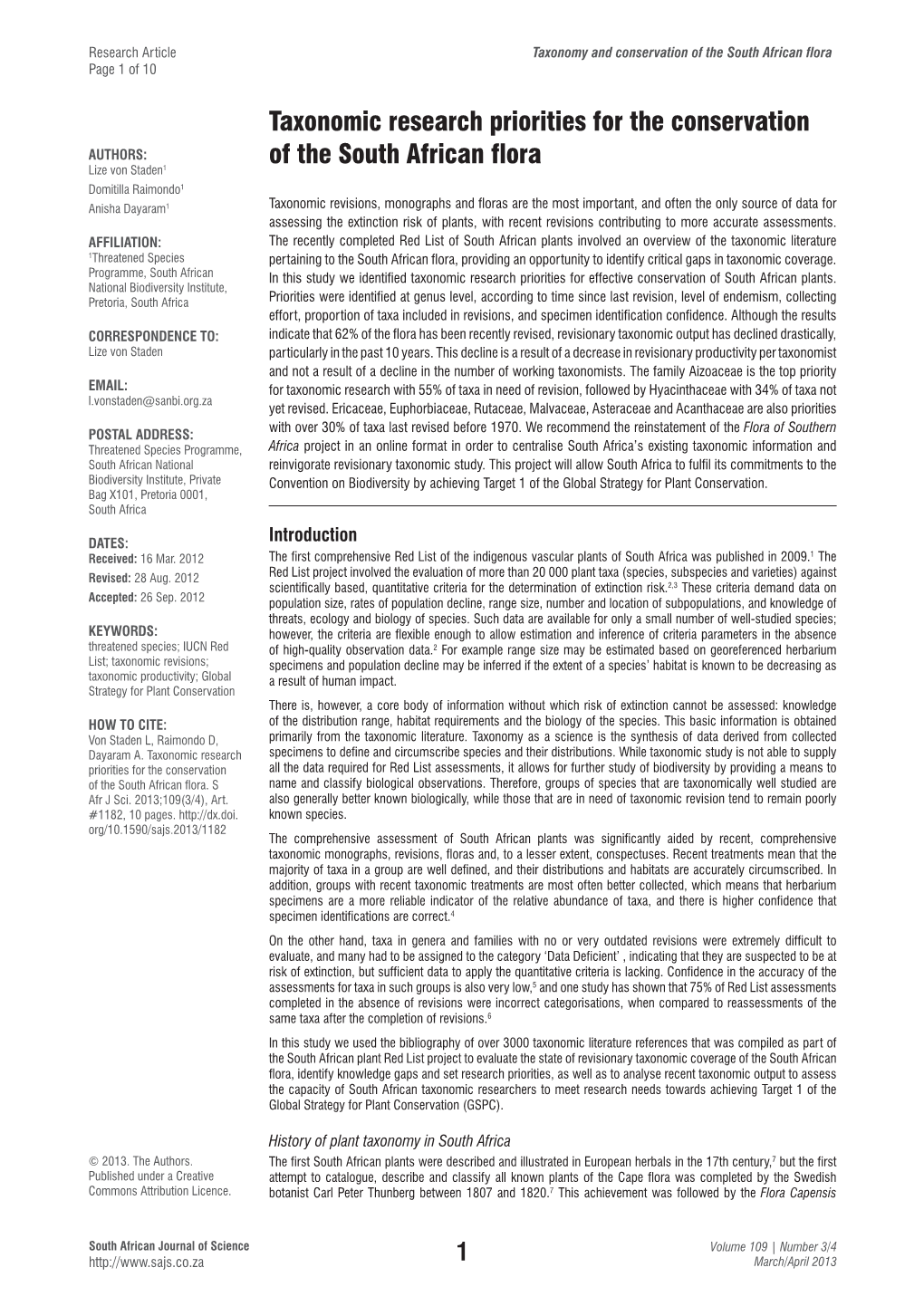 Taxonomic Research Priorities for the Conservation of the South African Flora