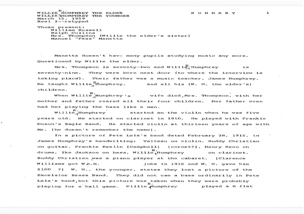 WILLIE HUMPHREY the ELDER WILLIE HUMPHREY the YOUNGER March 15, 1959 WILLIE HUMPHREY, the ELDER WILLIE HUMPHREY, the YOUNGER SUMMARY Reel II--Retyped March 15, 1959