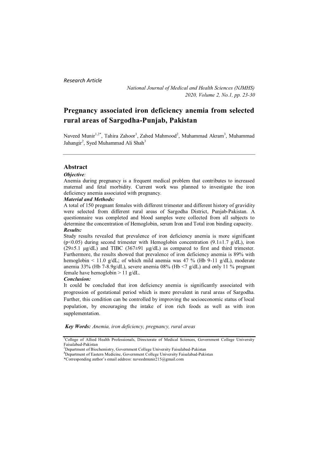 Pregnancy Associated Iron Deficiency Anemia from Selected Rural Areas of Sargodha-Punjab, Pakistan