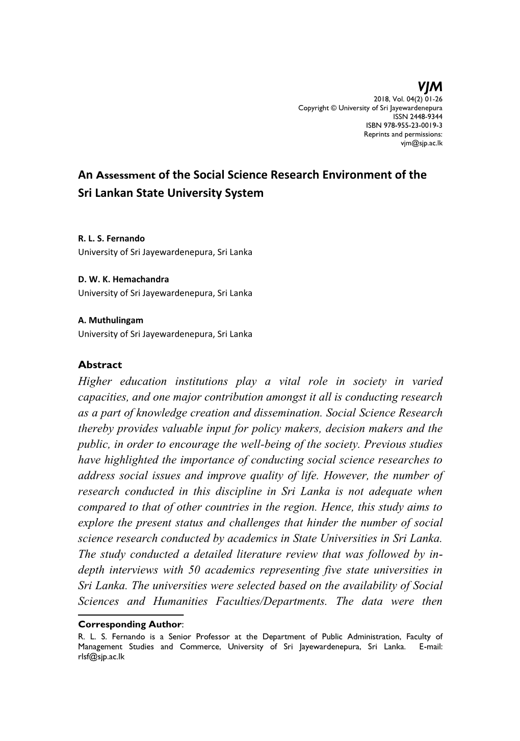 An Assessment of the Social Science Research Environment of the Sri Lankan State University System