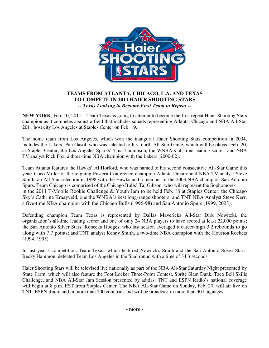 TEAMS from ATLANTA, CHICAGO, L.A. and TEXAS to COMPETE in 2011 HAIER SHOOTING STARS -- Texas Looking to Become First Team to Repeat