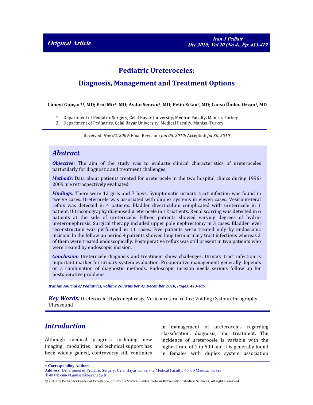 Pediatric Ureteroceles: Diagnosis, Management and Treatment Options