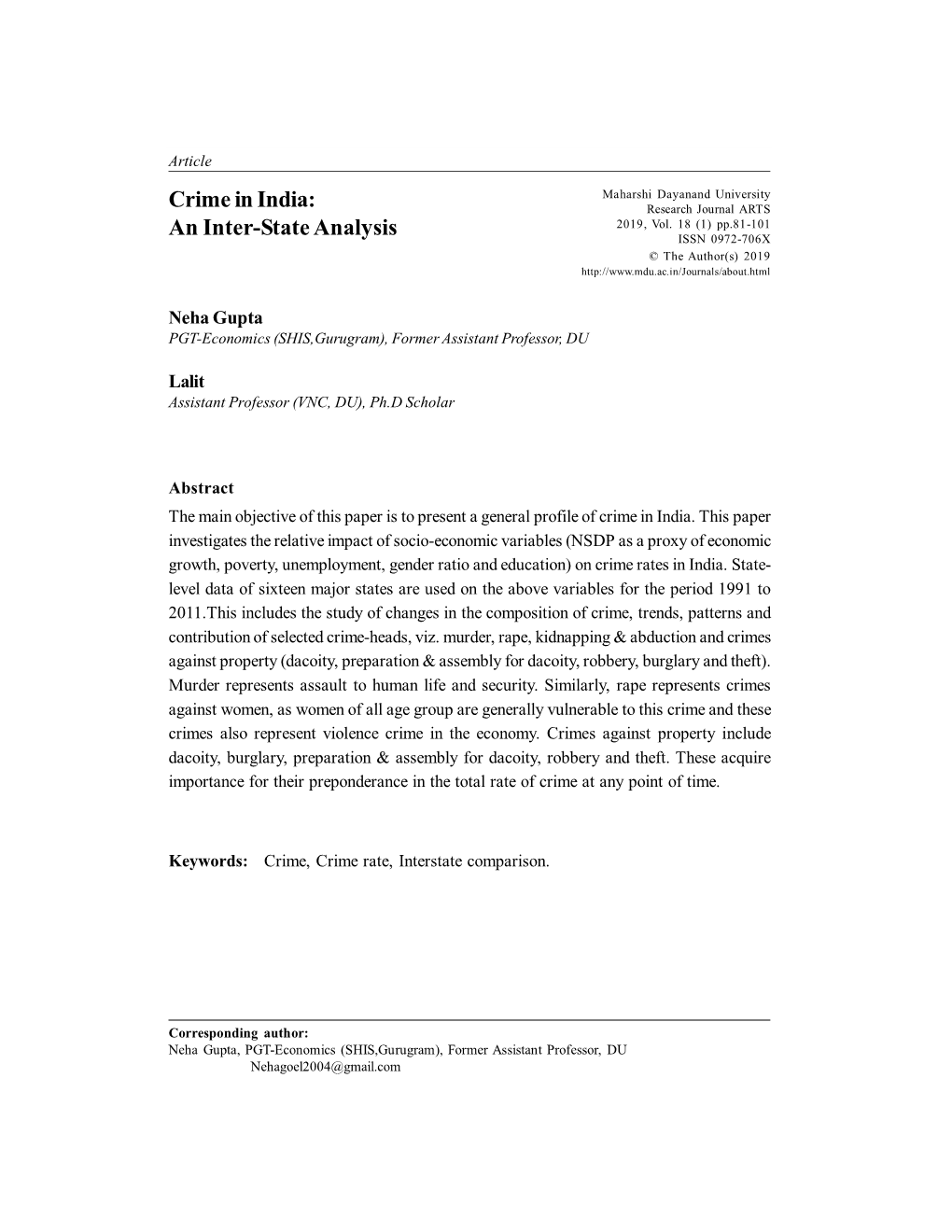 Crime in India: Research Journal ARTS 2019, Vol