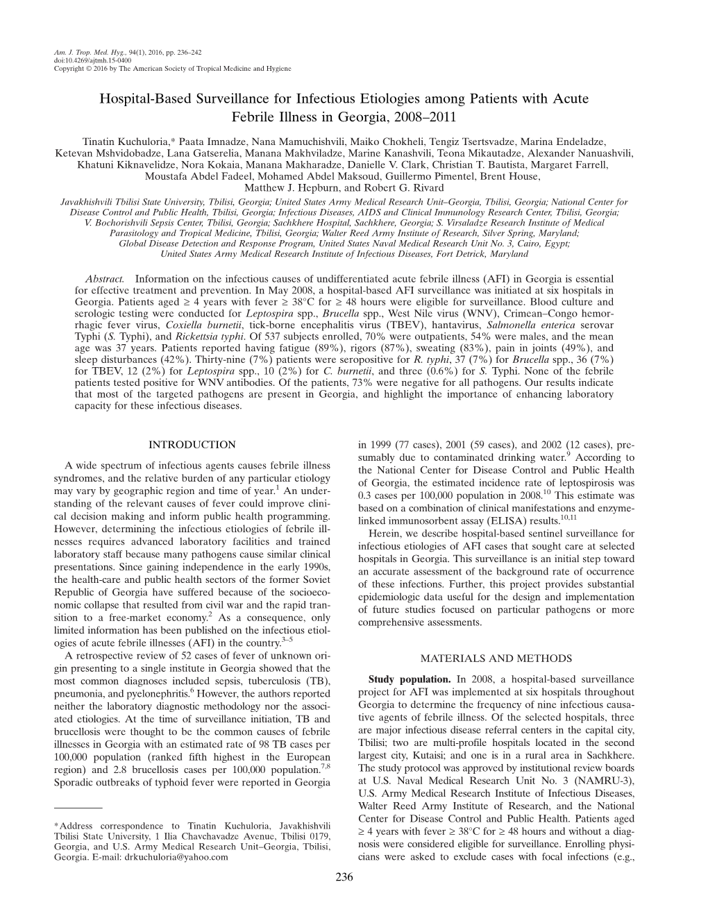 Hospital-Based Surveillance for Infectious Etiologies Among Patients with Acute Febrile Illness in Georgia, 2008–2011