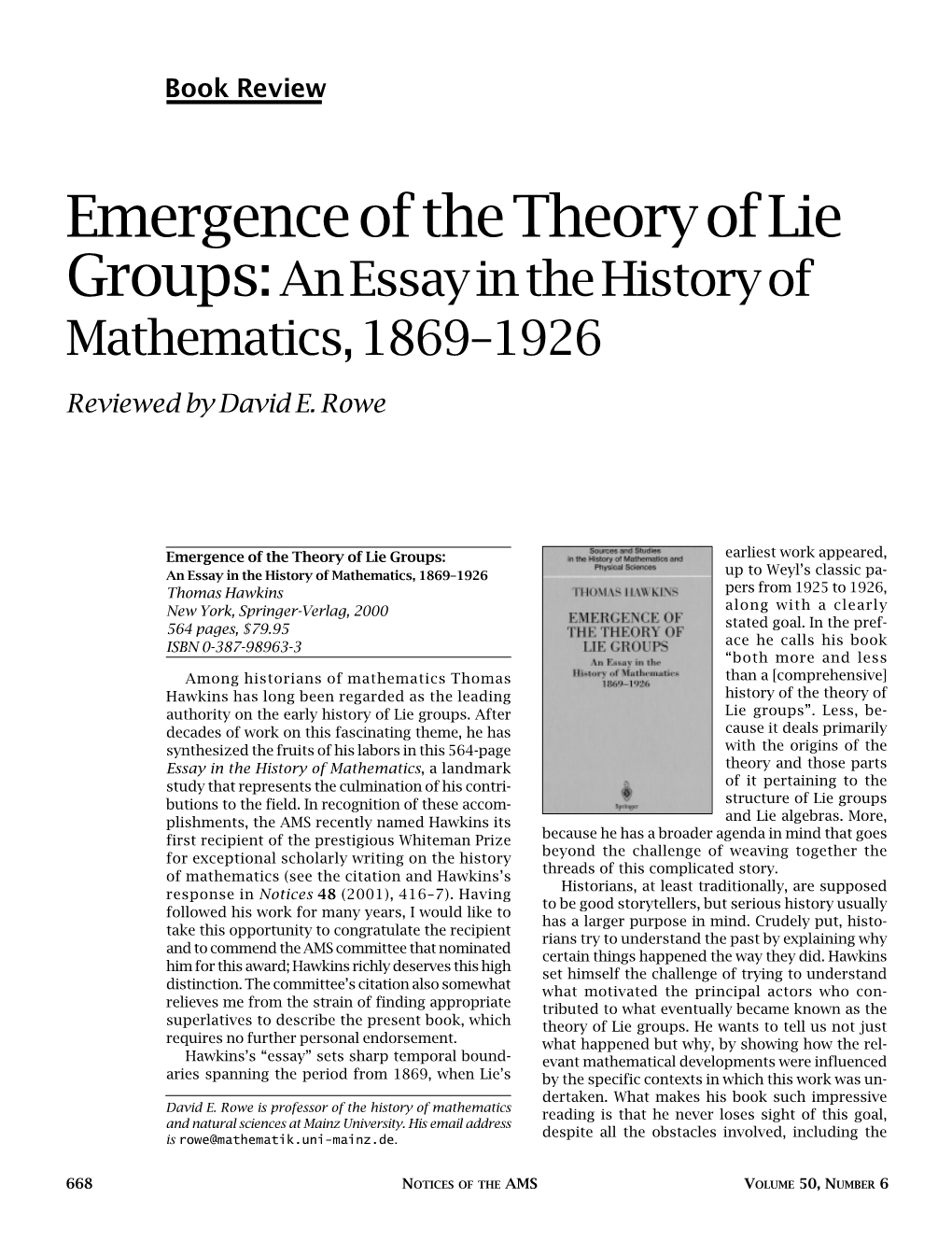 Book Review: Emergence of the Theory of Lie Groups: an Essay In
