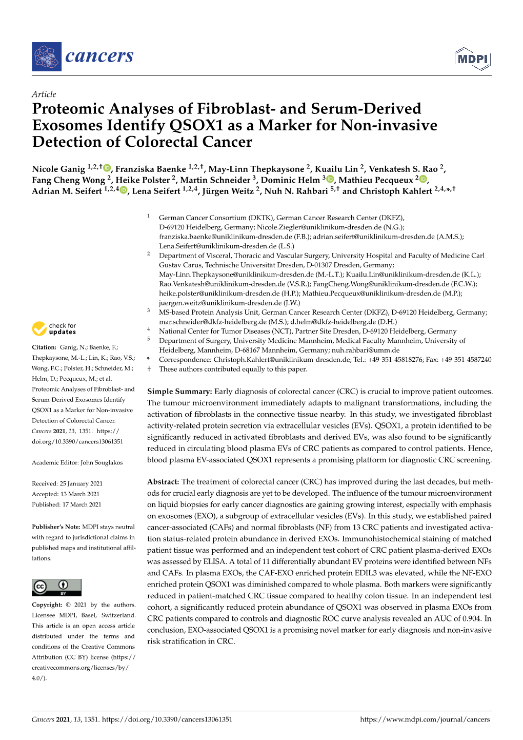 And Serum-Derived Exosomes Identify QSOX1 As a Marker for Non-Invasive Detection of Colorectal Cancer