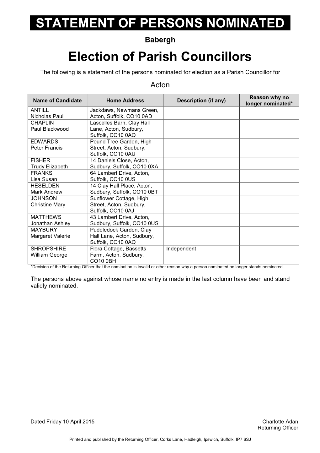 STATEMENT of PERSONS NOMINATED Election of Parish