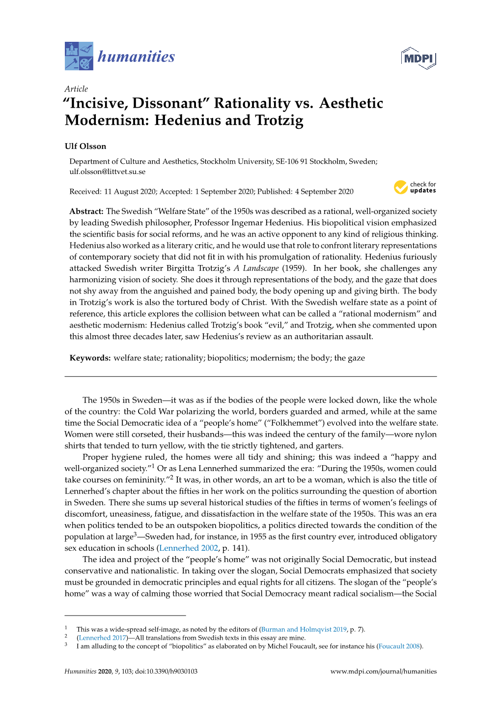 Rationality Vs. Aesthetic Modernism: Hedenius and Trotzig