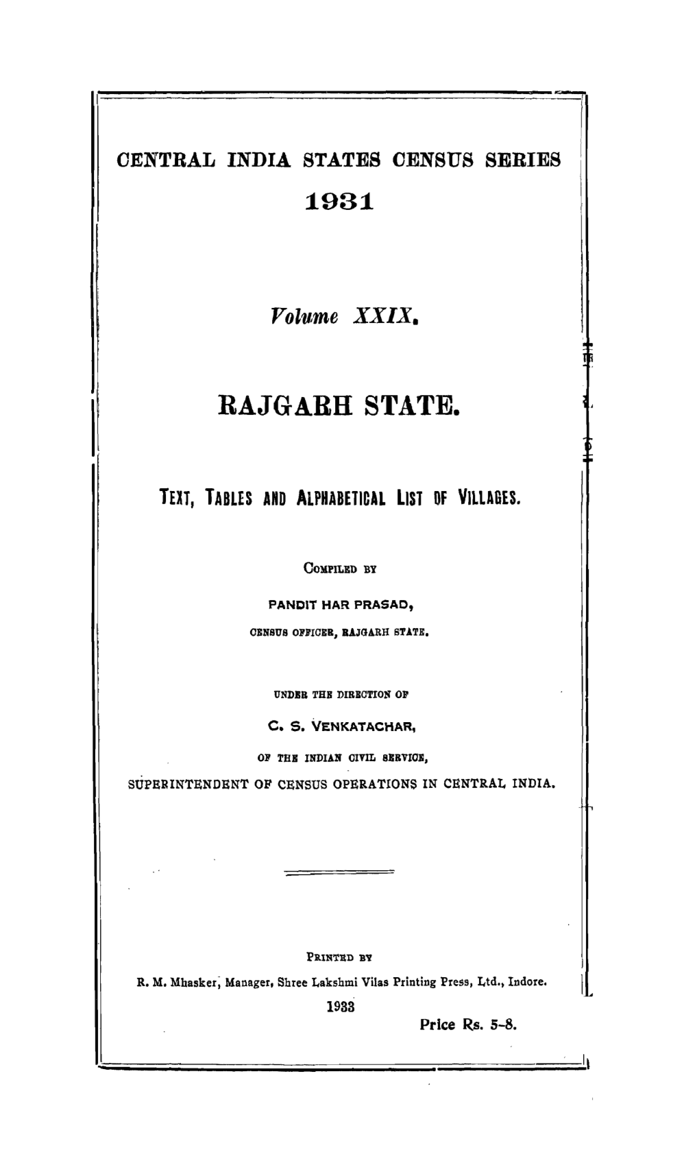 Central India States Census Series, Rajgarh State, Madhya Pradesh