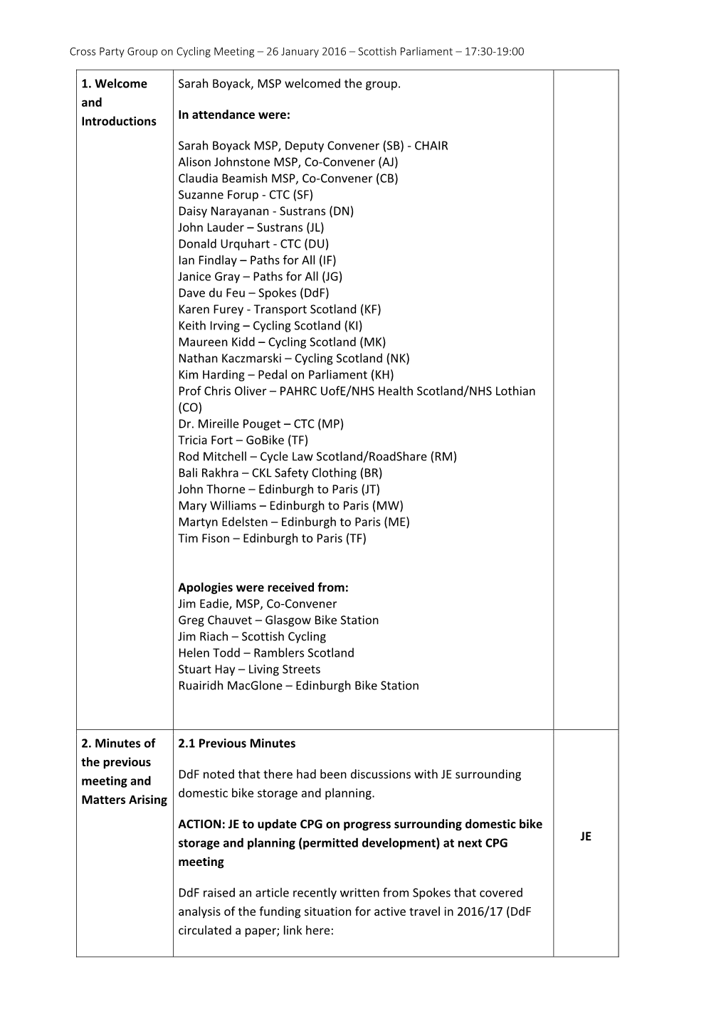 1. Welcome and Introductions Sarah Boyack, MSP Welcomed the Group. in Attendance Were: Sarah Boyack MSP, De