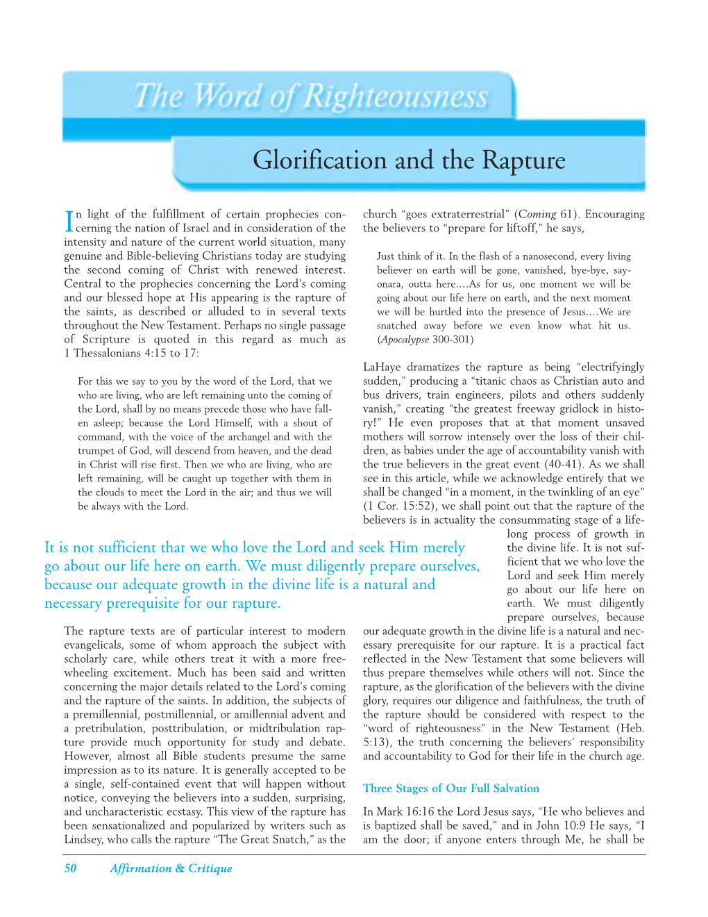 Glorification and the Rapture