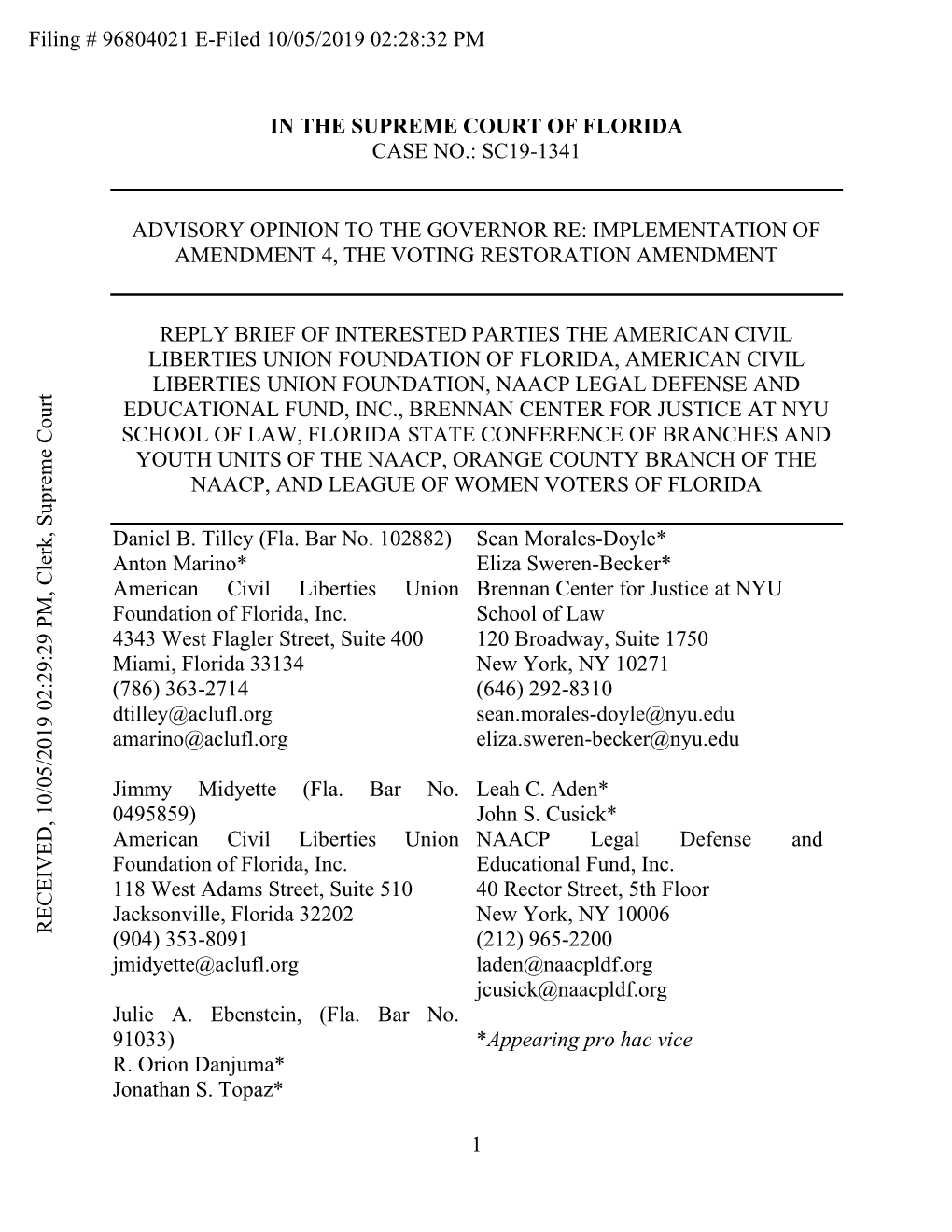 1 in the Supreme Court of Florida Case No.: Sc19-1341