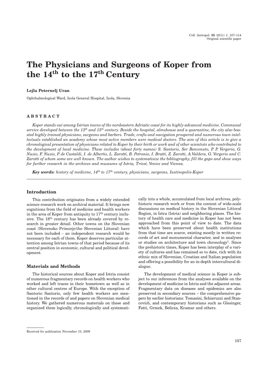 The Physicians and Surgeons of Koper from the 14Th to the 17Th Century