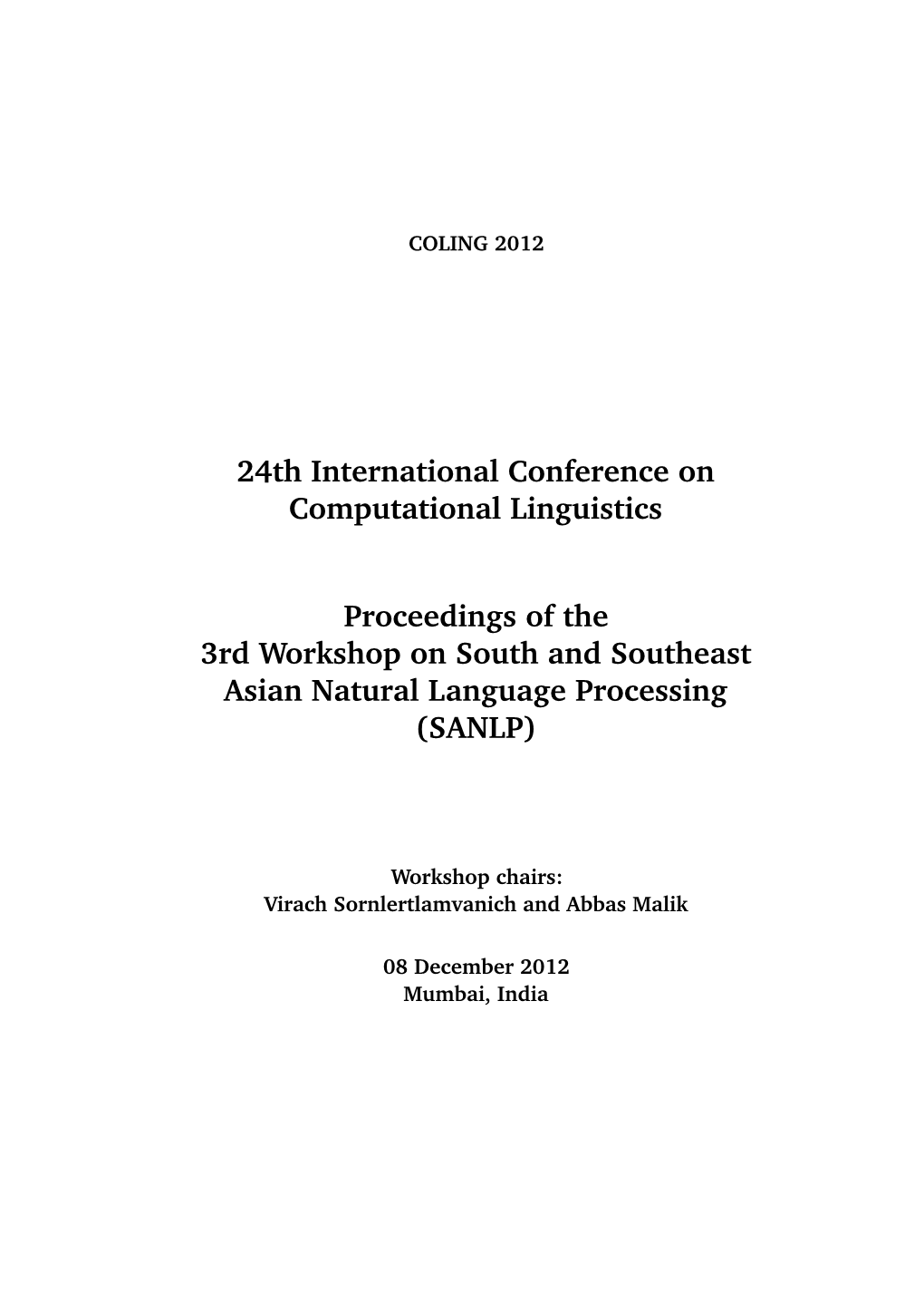 Proceedings of the 3Rd Workshop on South and Southeast Asian Natural Language Processing (SANLP)