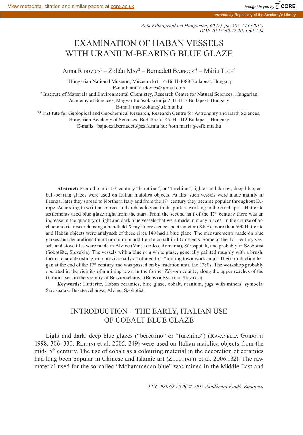 Examination of Haban Vessels with Uranium-Bearing Blue Glaze