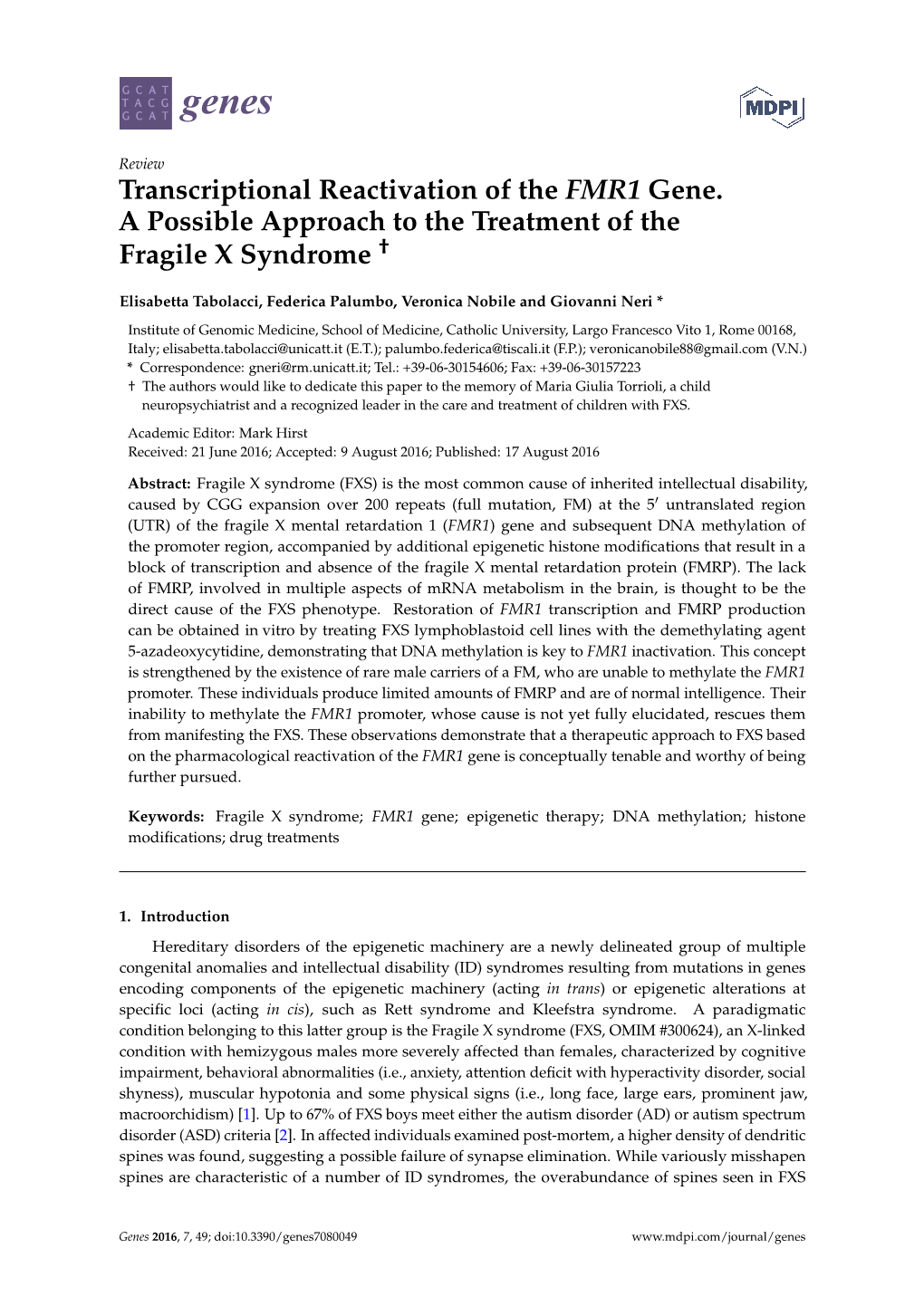 Transcriptional Reactivation of the FMR1 Gene. a Possible Approach to the Treatment of the Fragile X Syndrome †