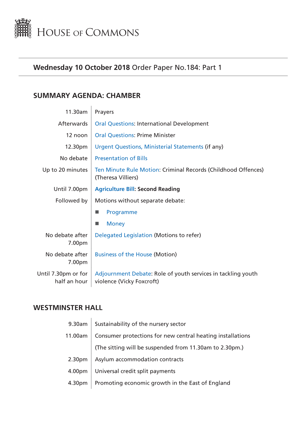 Wednesday 10 October 2018 Order Paper No.184: Part 1 SUMMARY AGENDA