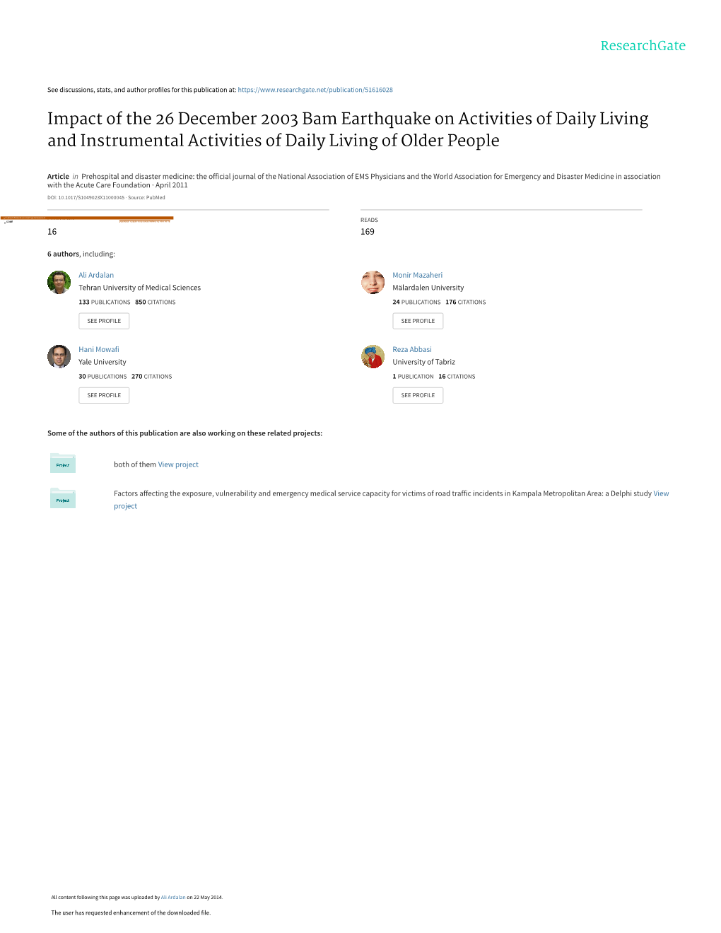 Impact of the 26 December 2003 Bam Earthquake on Activities of Daily Living and Instrumental Activities of Daily Living of Older People