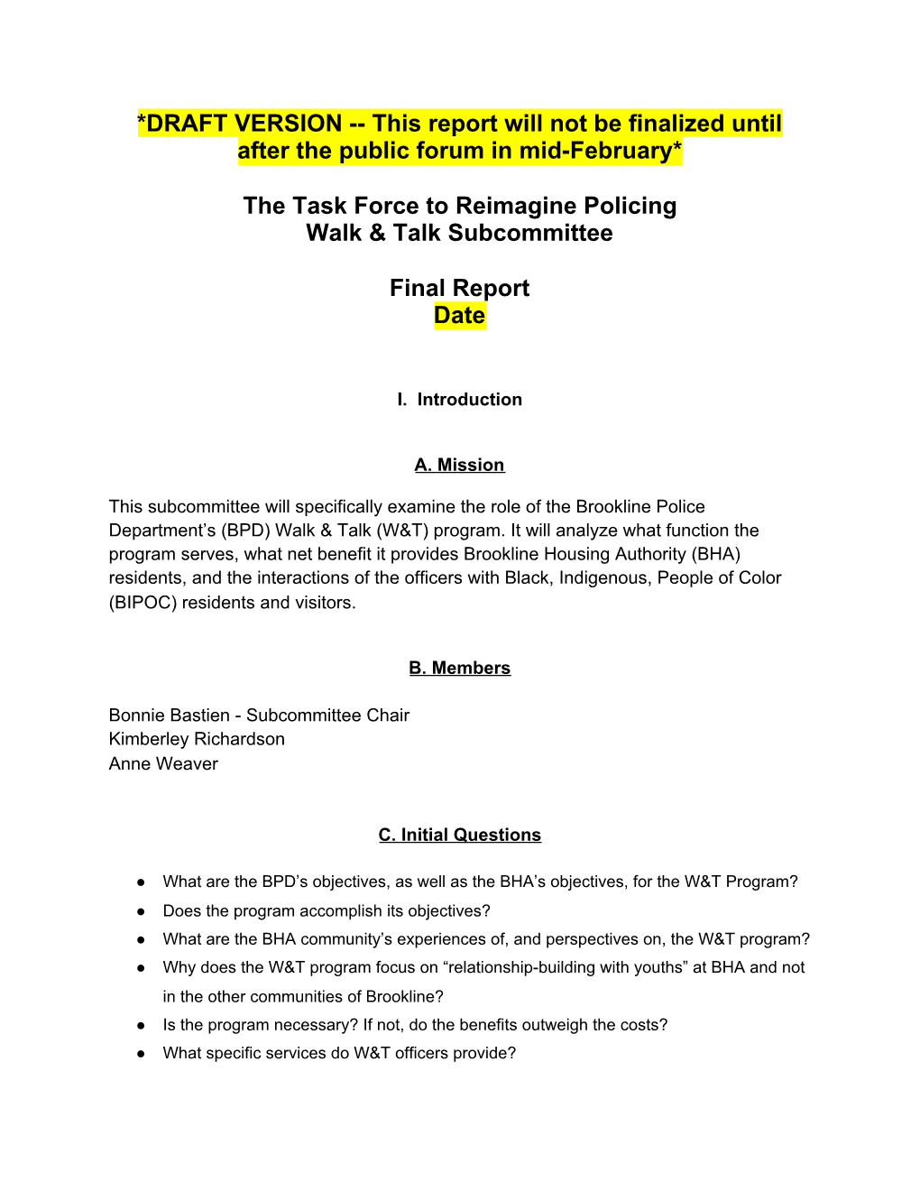 Walk and Talk Subcommittee Task Force On