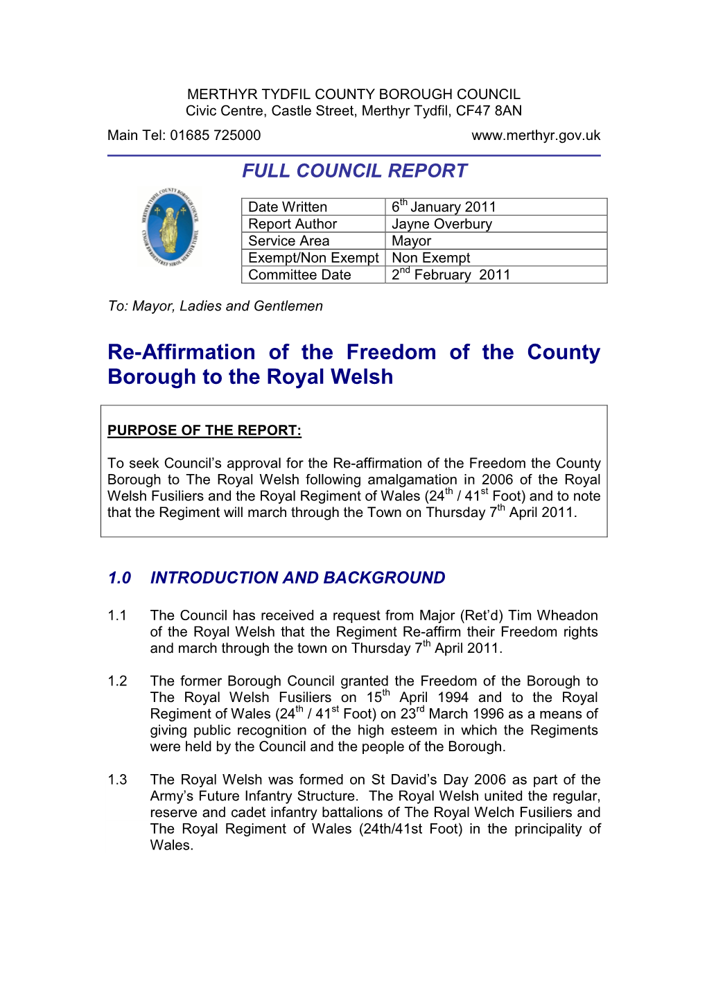 Re-Affirmation of the Freedom of the County Borough to the Royal Welsh