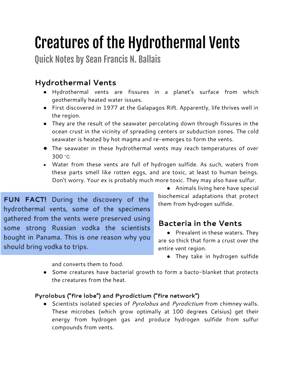 Creatures of the Hydrothermal Vents Quick Notes by Sean Francis N