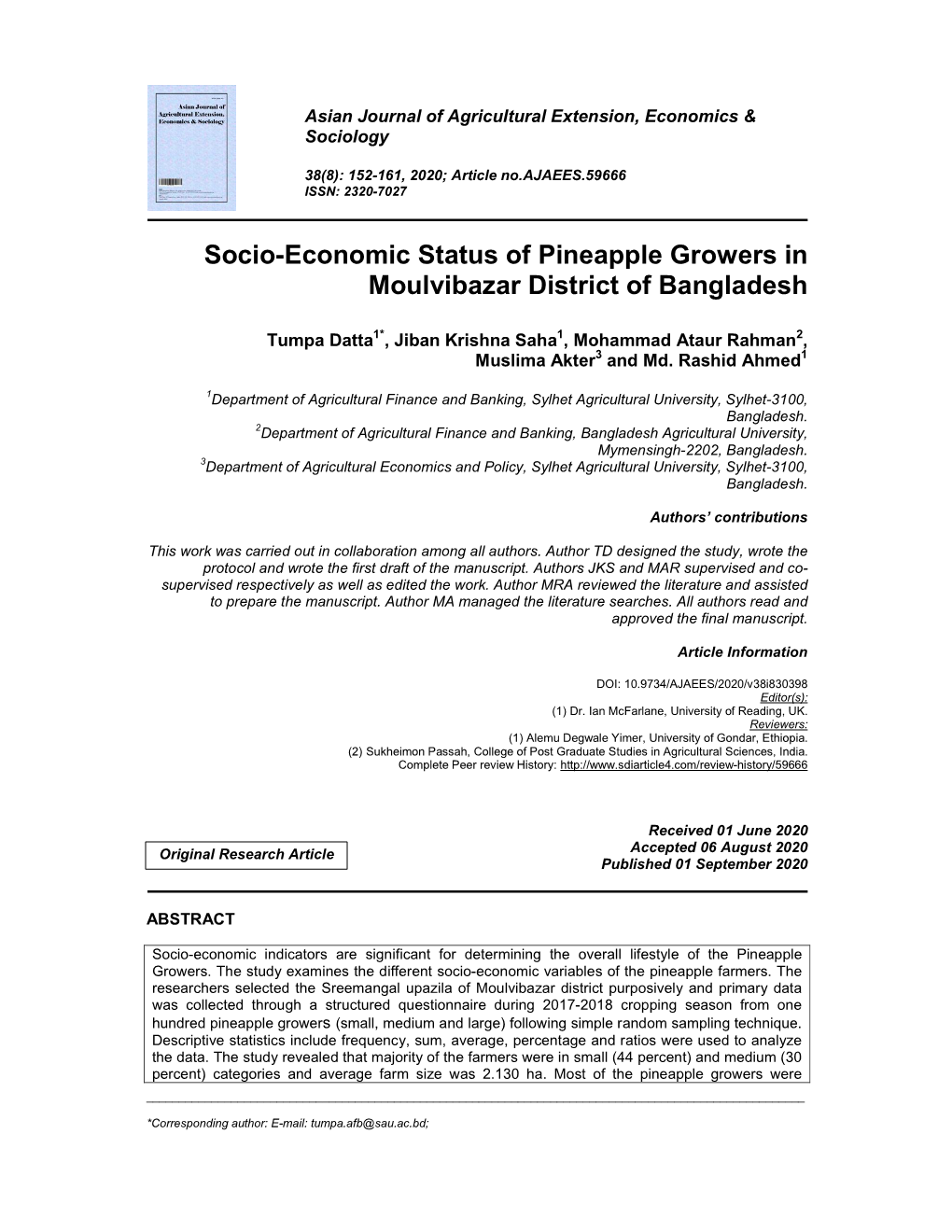 Socio-Economic Status of Pineapple Growers in Moulvibazar District of Bangladesh