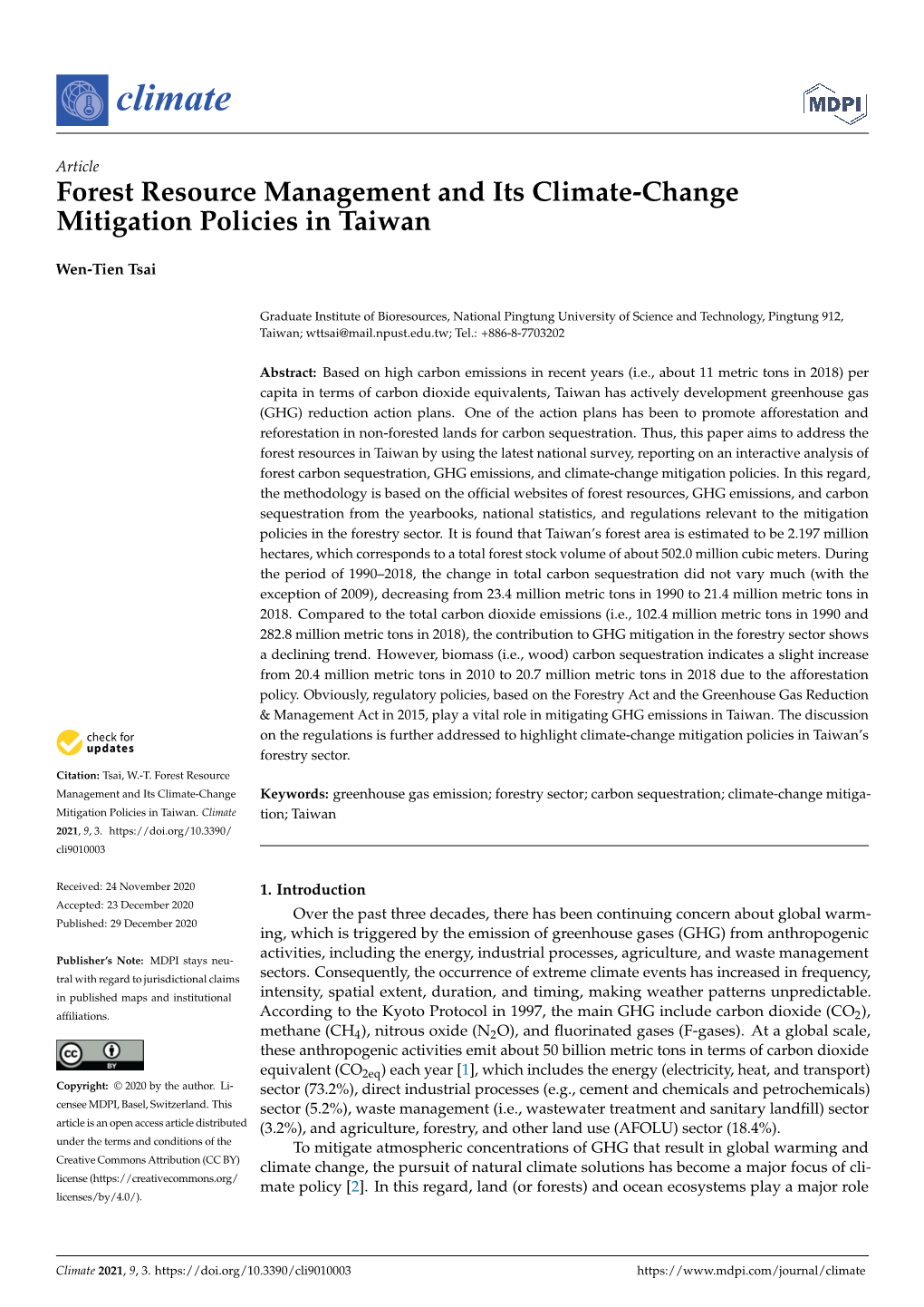 Forest Resource Management and Its Climate-Change Mitigation Policies in Taiwan