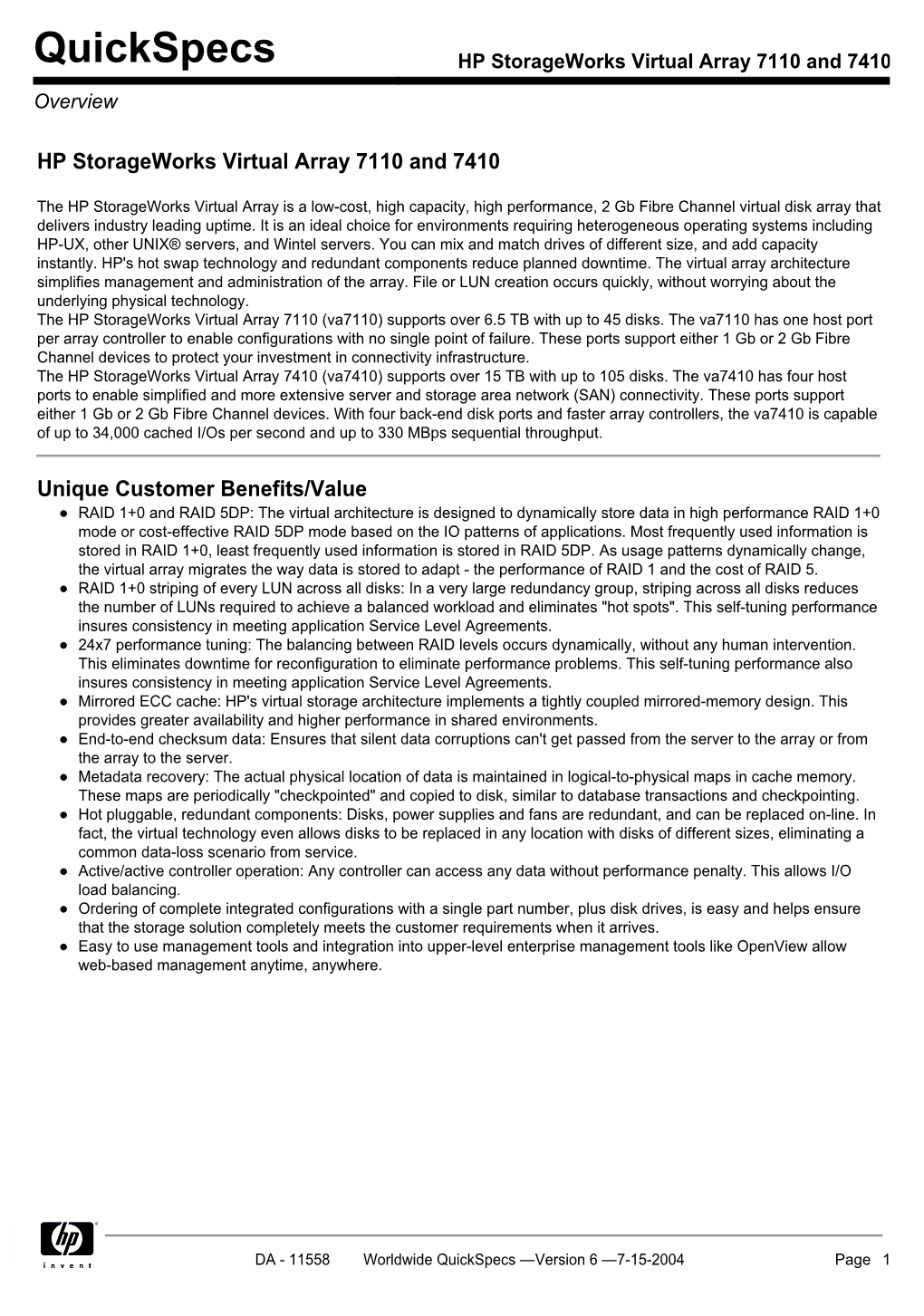 HP Storageworks Virtual Array 7110 and 7410 Overview