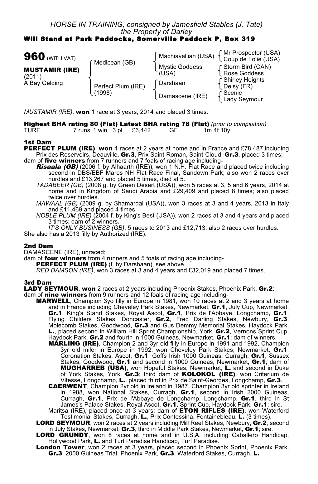 J. Tate) the Property of Darley Will Stand at Park Paddocks, Somerville Paddock P, Box 319