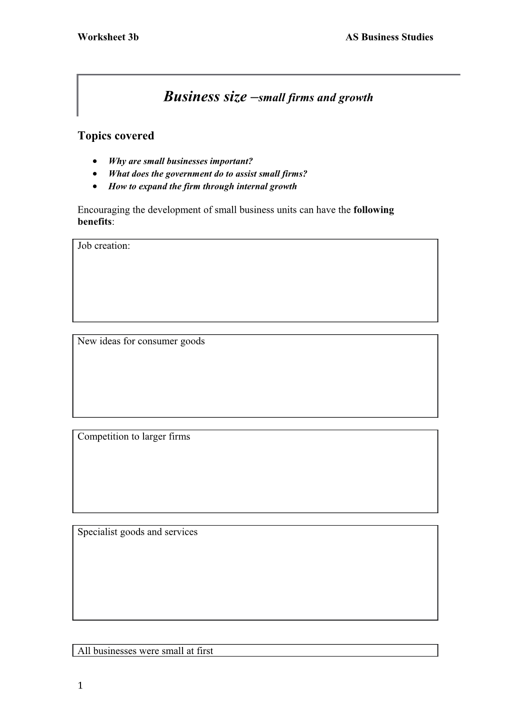 Worksheet 3B AS Business Studies