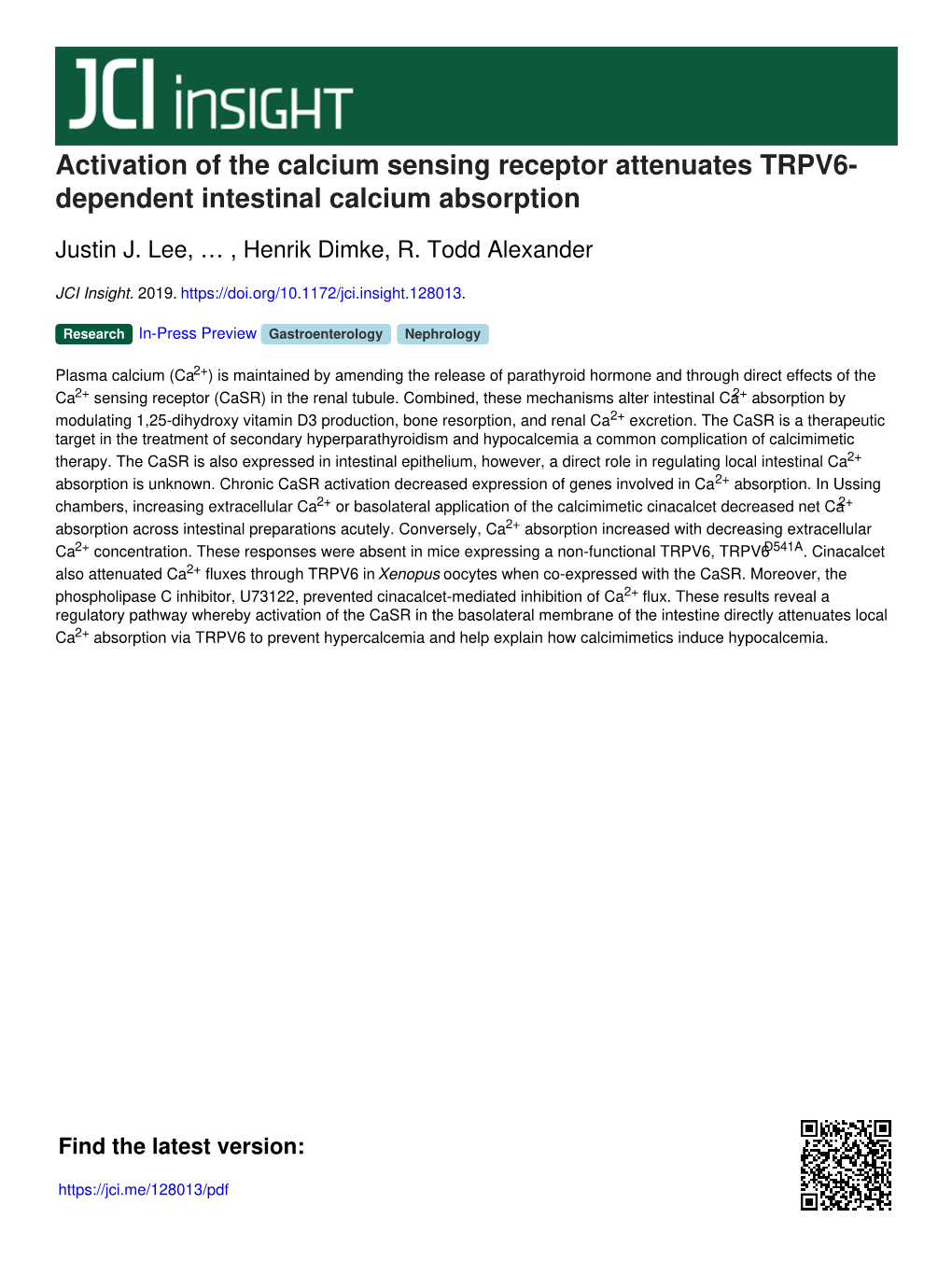 Activation of the Calcium Sensing Receptor Attenuates TRPV6- Dependent Intestinal Calcium Absorption