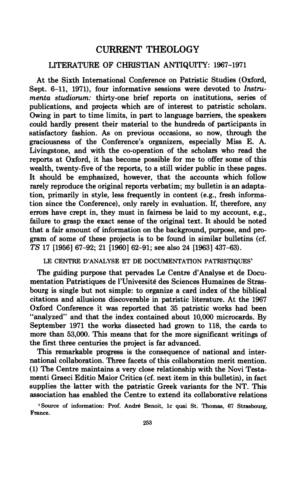 CURRENT THEOLOGY LITERATURE of CHRISTIAN ANTIQUITY: 1967-1971 at the Sixth International Conference on Patristic Studies (Oxford, Sept