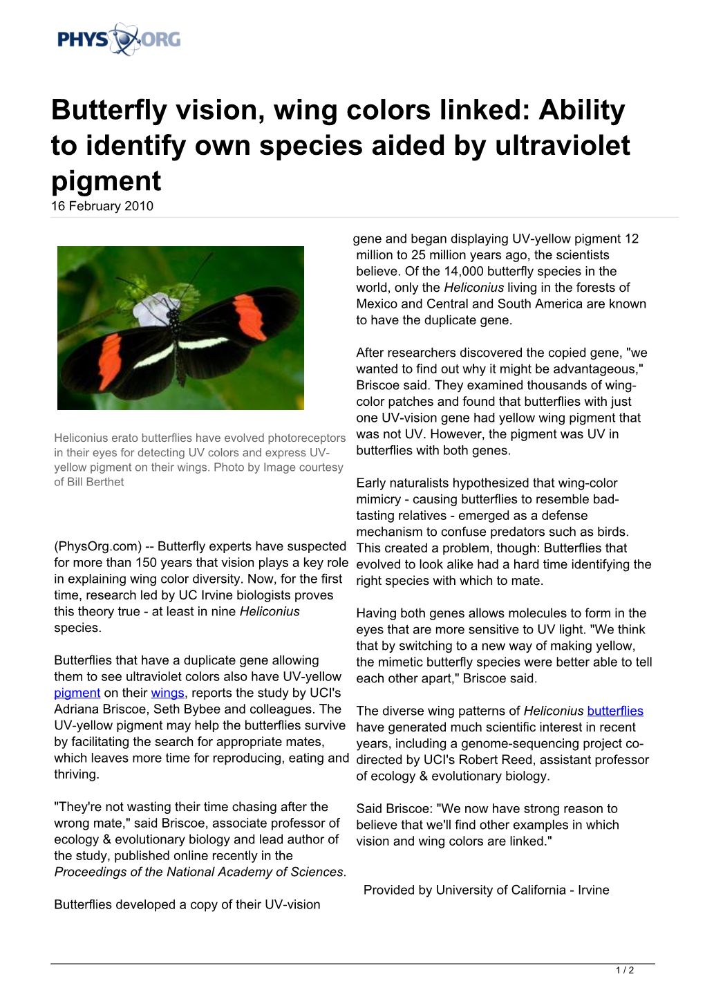 Butterfly Vision, Wing Colors Linked: Ability to Identify Own Species Aided by Ultraviolet Pigment 16 February 2010