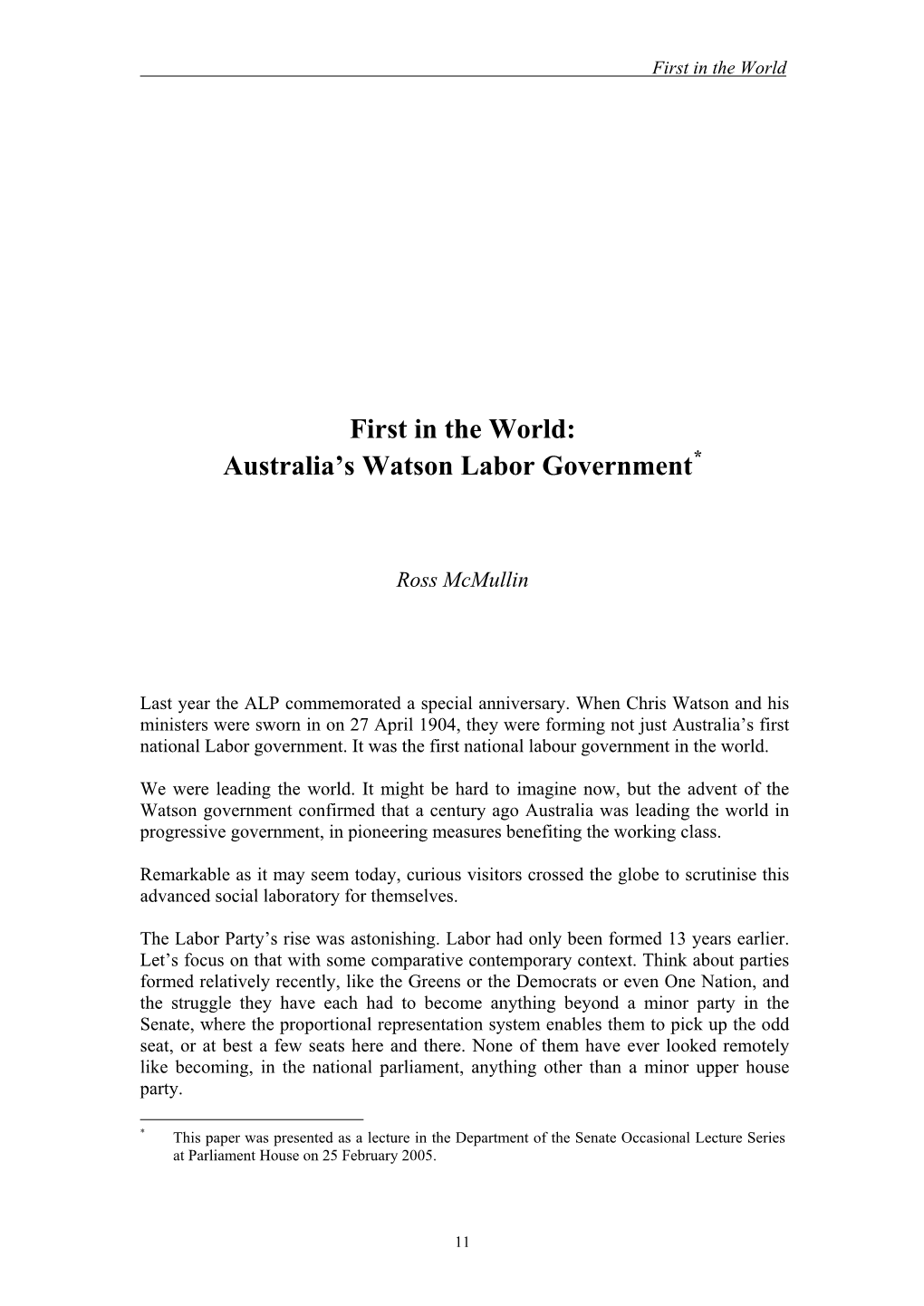 First in the World: Australia's Watson Labor Government