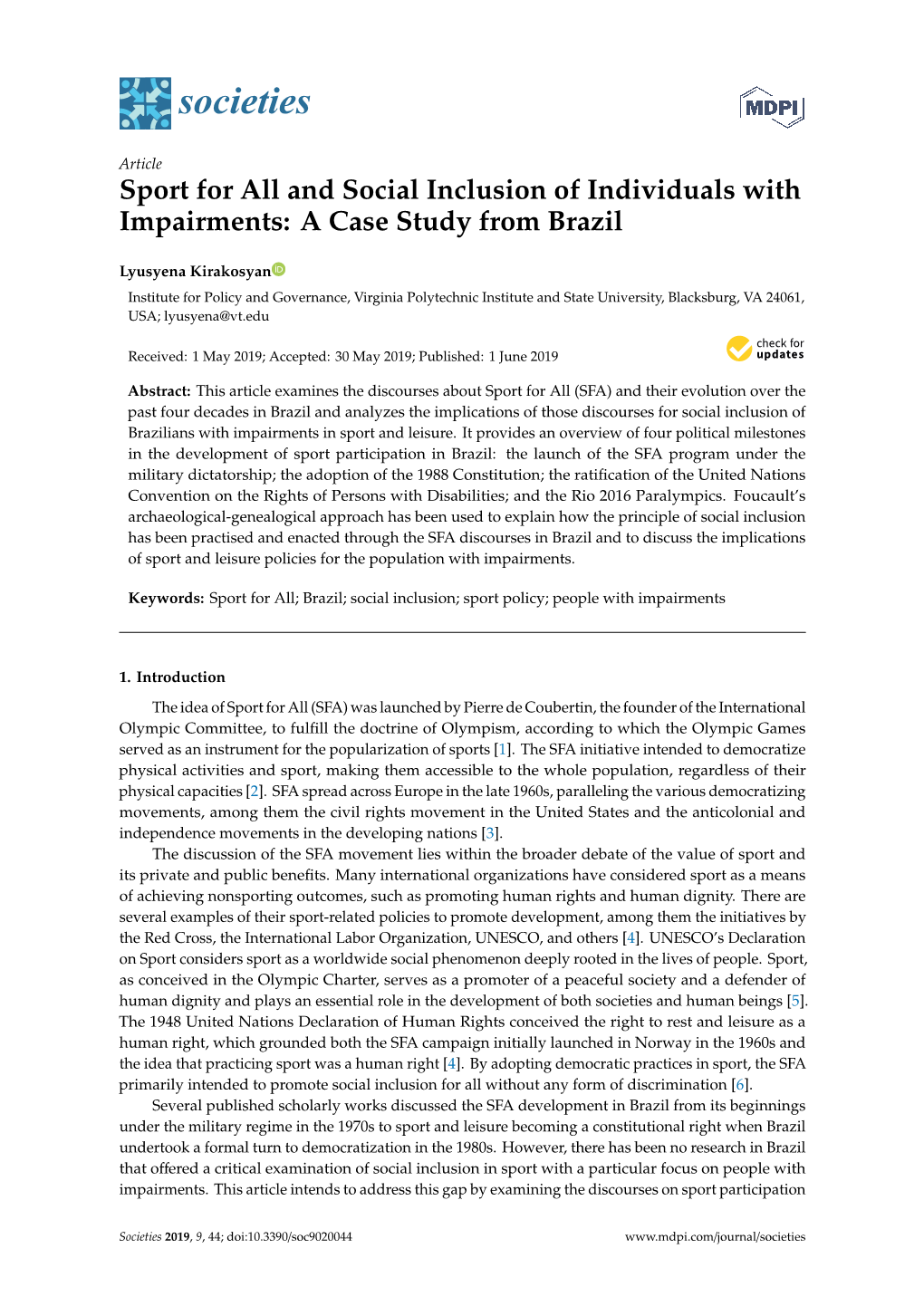 Sport for All and Social Inclusion of Individuals with Impairments: a Case Study from Brazil