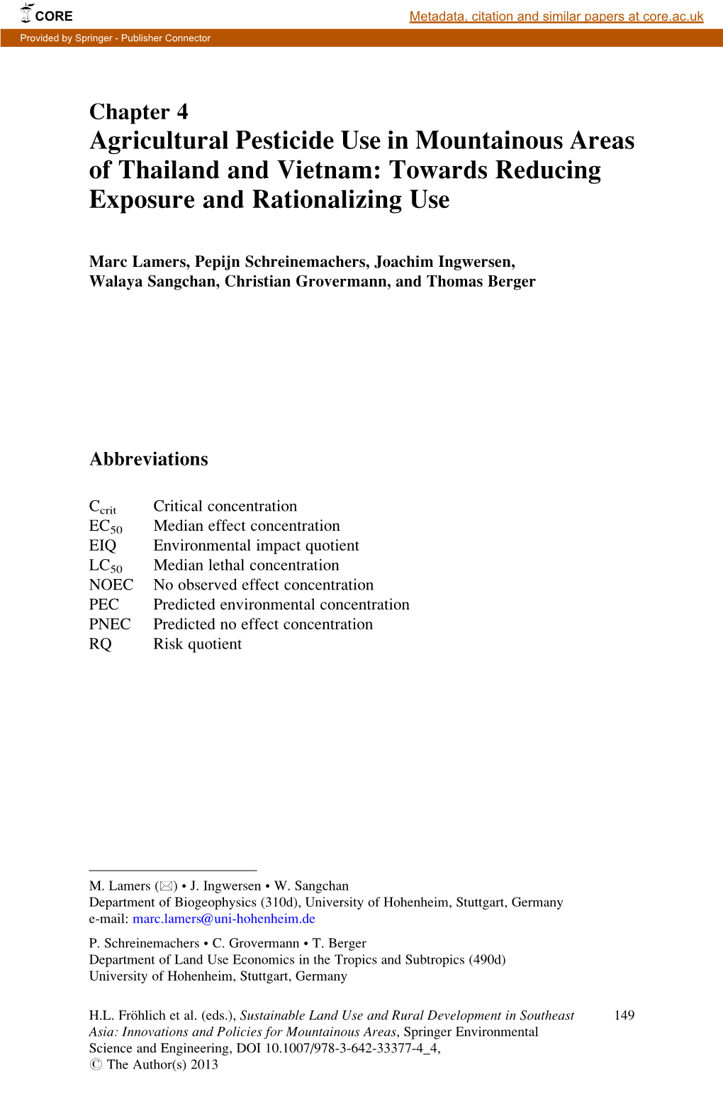 Agricultural Pesticide Use in Mountainous Areas of Thailand and Vietnam: Towards Reducing Exposure and Rationalizing Use