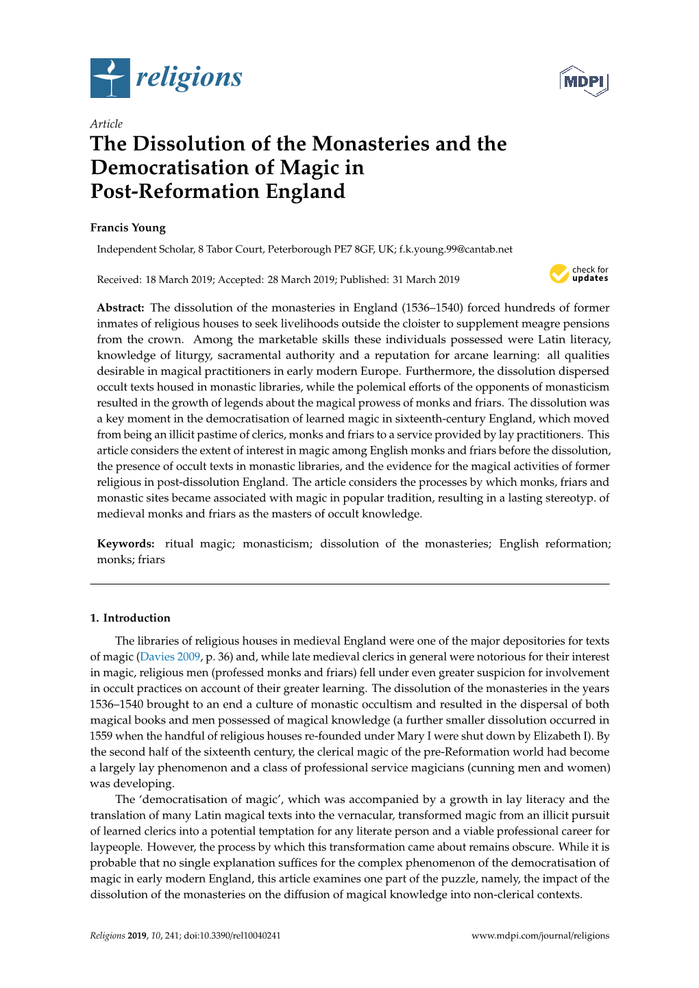 The Dissolution of the Monasteries and the Democratisation of Magic in Post-Reformation England