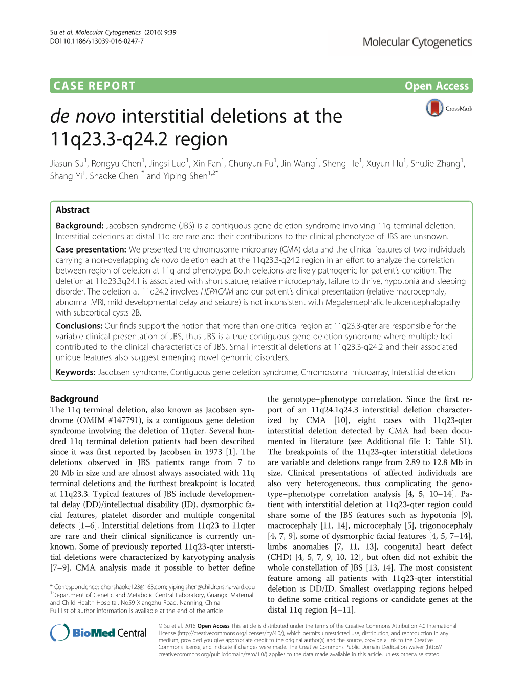 De Novo Interstitial Deletions at the 11Q23.3-Q24.2 Region