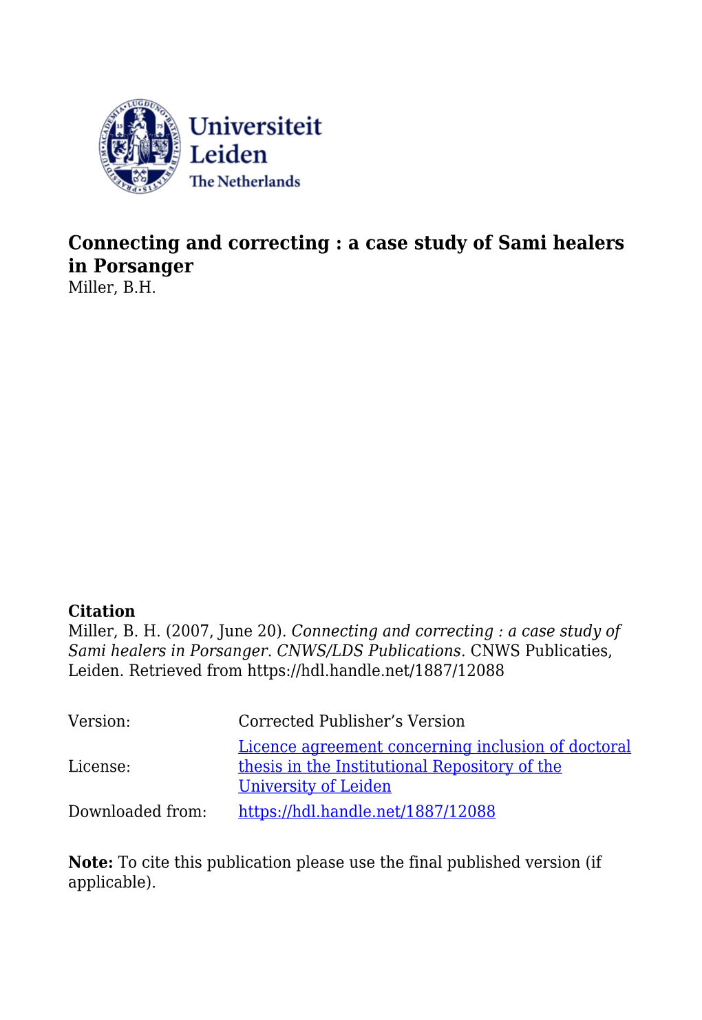 Connecting and Correcting : a Case Study of Sami Healers in Porsanger Miller, B.H