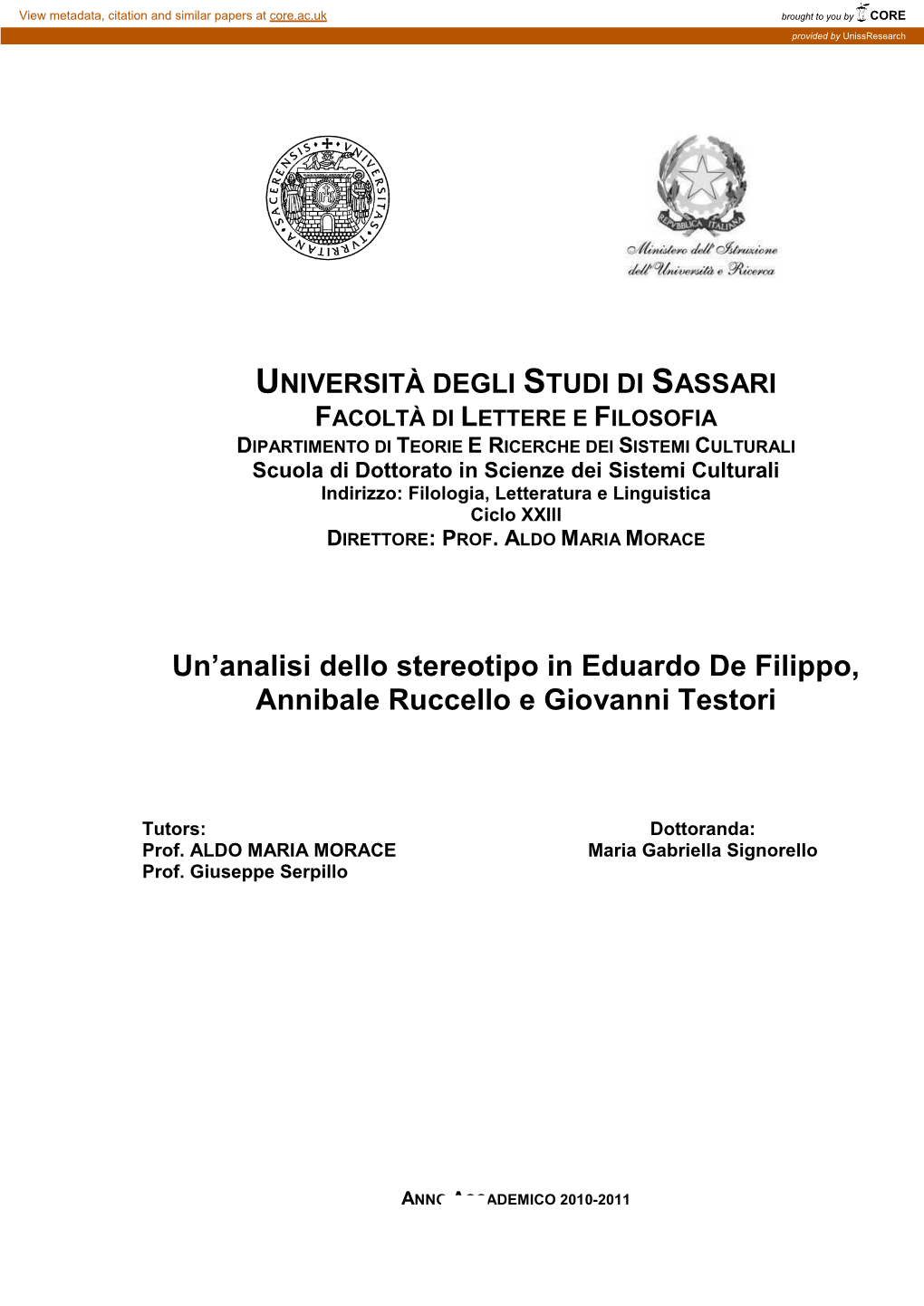 Un'analisi Dello Stereotipo in Eduardo De Filippo, Annibale Ruccello E