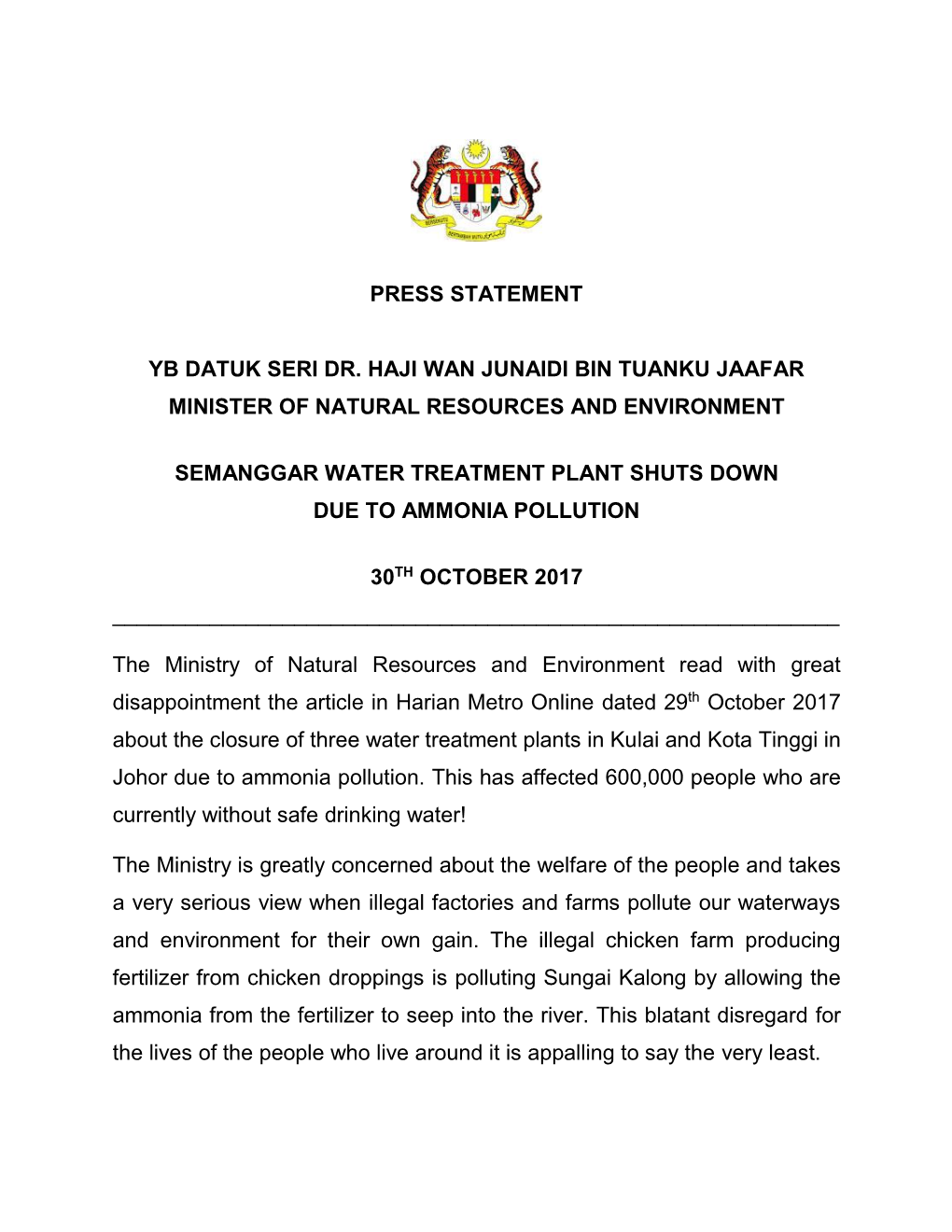 Press Statement Yb Datuk Seri Dr. Haji Wan Junaidi Bin