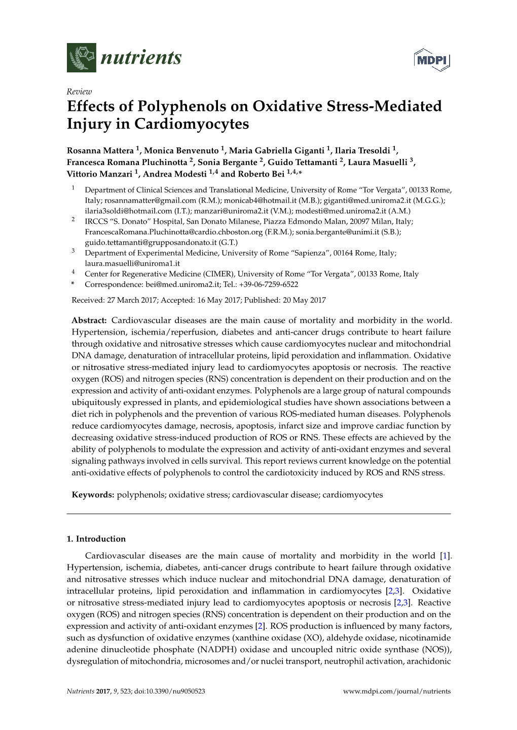 Effects of Polyphenols on Oxidative Stress-Mediated Injury in Cardiomyocytes