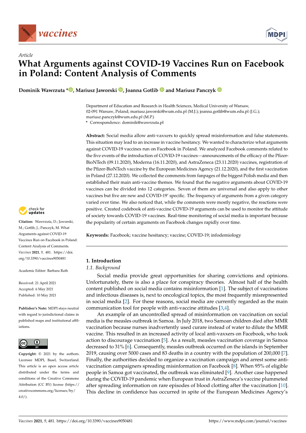 What Arguments Against COVID-19 Vaccines Run on Facebook in Poland: Content Analysis of Comments