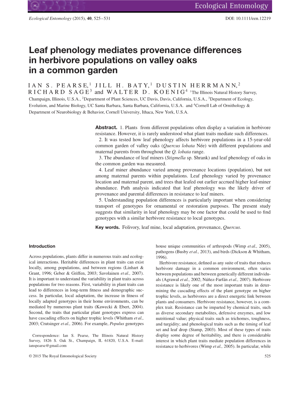 Leaf Phenology Mediates Provenance Differences in Herbivore Populations on Valley Oaks in a Common Garden