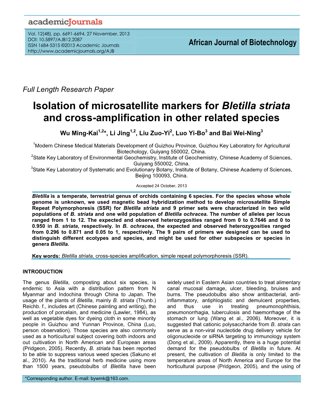 Isolation of Microsatellite Markers for Bletilla Striata and Cross-Amplification in Other Related Species